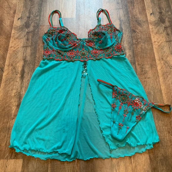 VS Vintage Y2K Pink Label Moroccan Embroidered Bohemian Crystal Babydoll & Panty - Picture 1 of 15